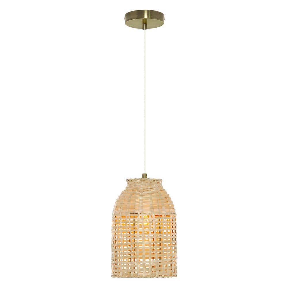 River of Goods Raif 7.625 in. 1-Bulb Brushed Gold Pendant Light with Bell-Shaped Natural Bamboo Shade