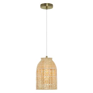 Raif 7.625 in. 1-Bulb Brushed Gold Pendant Light with Bell-Shaped Natural Bamboo Shade