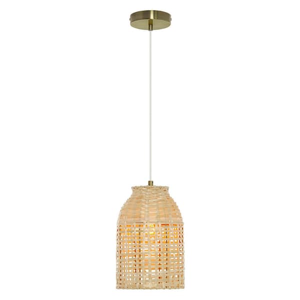 River of Goods Raif 7.625 in. 1-Bulb Brushed Gold Pendant Light with Bell-Shaped Natural Bamboo Shade