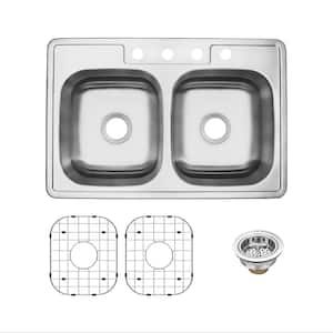 33 in. Drop-In Double Bowl 50/50-20-Gauge Stainless Steel Kitchen Sink with Bottom Grids