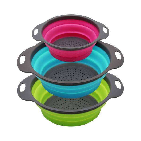 Collapsible Space-Saving Ergonomic Silicone Colander Set of 3 (Green, Blue, Purple)
