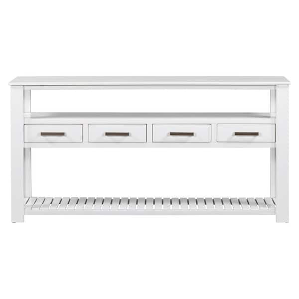 62.2 in. W x 13.8 in. D x 32 in. H White Linen Cabinet with 4 Drawers and 2 Shelves for Bedroom and Living Room