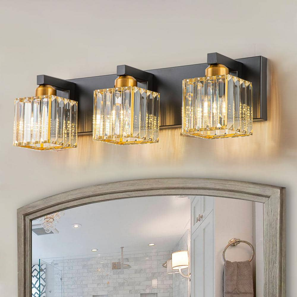 EDISLIVE Orillia 19.7 in. 3-Light Black & Gold Bathroom Vanity Light with Crystal Shades