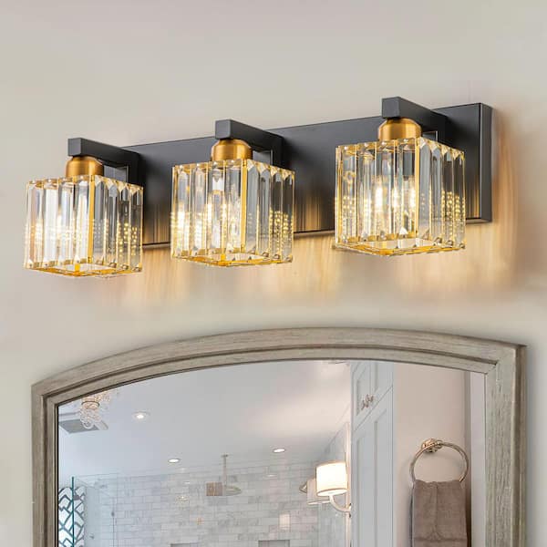 Orillia 19.7 in. 3-Light Black & Gold Bathroom Vanity Light with Crystal Shades