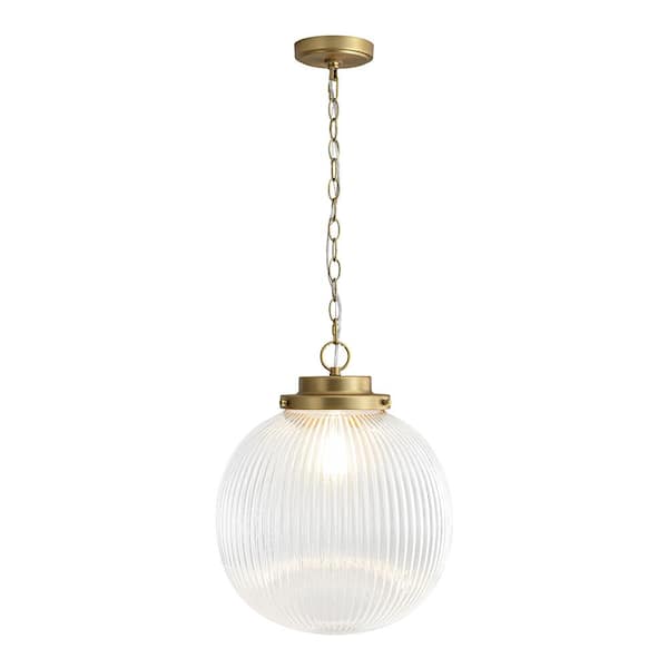 60-Watt 1 Light Brushed Gold Mid-Century Modern Globe Pendant Light with Striped Glass Shade, No Bulbs Included