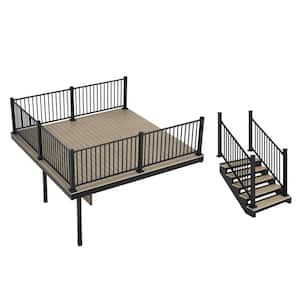 Apex Attached 12 ft. x 12 ft. Artic Birch PVC Deck Kit and 5-Step Stair Kit with Steel Framing and Aluminum Railing