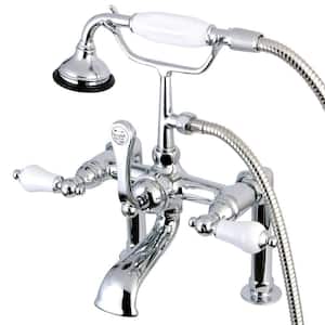Porcelain Lever 3-Handle Deck-Mount High-Risers Claw Foot Tub Faucet with Handshower in Polished Chrome