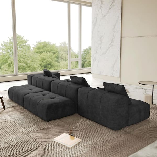 Magic Home 159 in. Oversized Square Arm Linen L-Shaped Modular Sectional Sofa 3-Seater with 2-Ottomans in Black