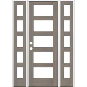 60 in. x 96 in. Modern Hemlock Right-Hand/Inswing 5-Lite Clear Glass Grey Stain Wood Prehung Front Door with Sidelites