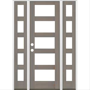 64 in. x 96 in. Modern Hemlock Right-Hand/Inswing 5-Lite Clear Glass Grey Stain Wood Prehung Front Door with Sidelites