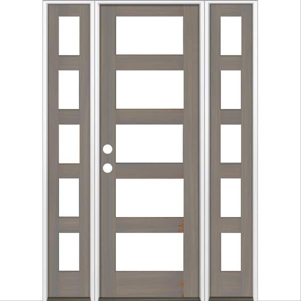 Krosswood Doors 64 in. x 96 in. Modern Hemlock Right-Hand/Inswing 5-Lite Clear Glass Grey Stain Wood Prehung Front Door with Sidelites