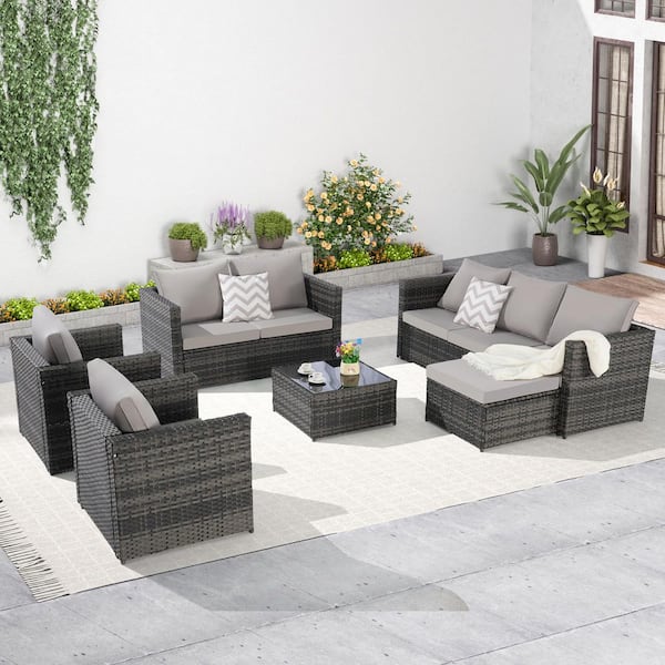 Unbranded Gray Rattan Wicker 8-Seat, 5-Piece Outdoor Patio Sectional Sofa Set with Glass Table, Light Gray Cushions and Pillows