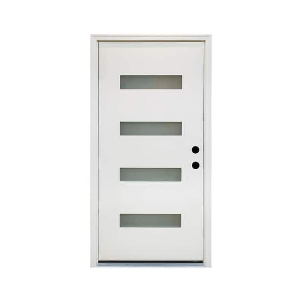 36 in. x 80 in. Flush Left-Hand 4-Lite Frosted Glass White Finish Fiberglass Prehung Front Door with Threshold, Hinge