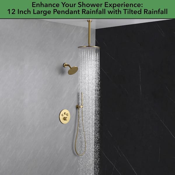 Single Handle 4-Spray Shower Faucet 1.8 GPM 12 in. Round Ceiling Mounted Shower with Pressure Balance in Brushed Gold
