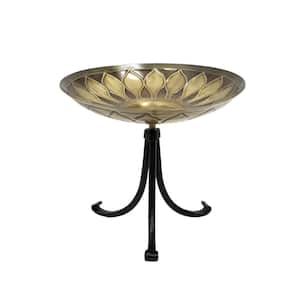 16 in. W Round Antique and Patina Finish Brass African Daisy Birdbath with Black Wrought Iron Tripod Stand