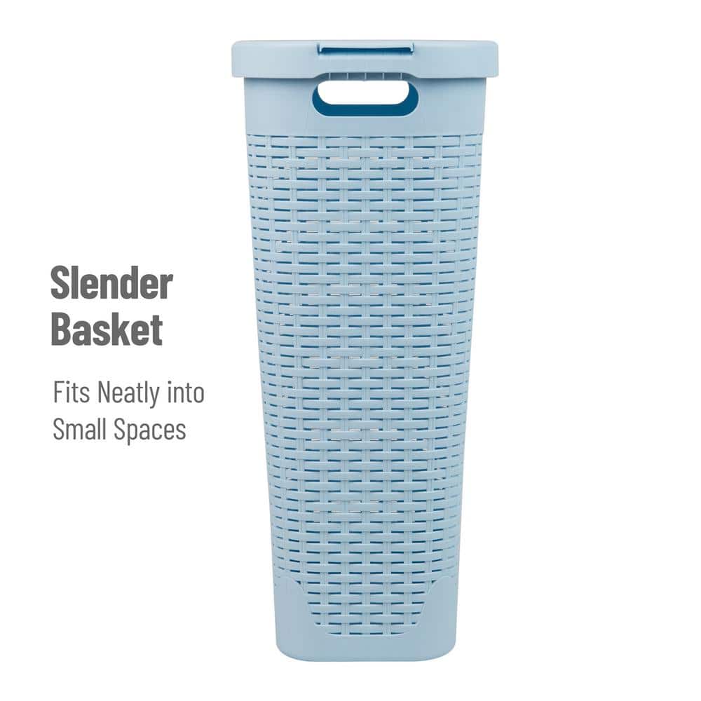 Baby Blue Slim Wicker Plastic Laundry Hamper with Lid