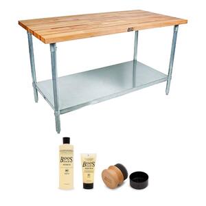 48 in. Maple Wood Work Kitchen Prep Table with Shelf and Board Maintenance Set, Natural