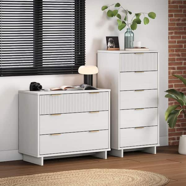 Manhattan Comfort Granville White 5-Drawer 23.62 in. W Tall Dresser and 3-Drawer 37.8 in. W Standard Dresser (Set of 2)