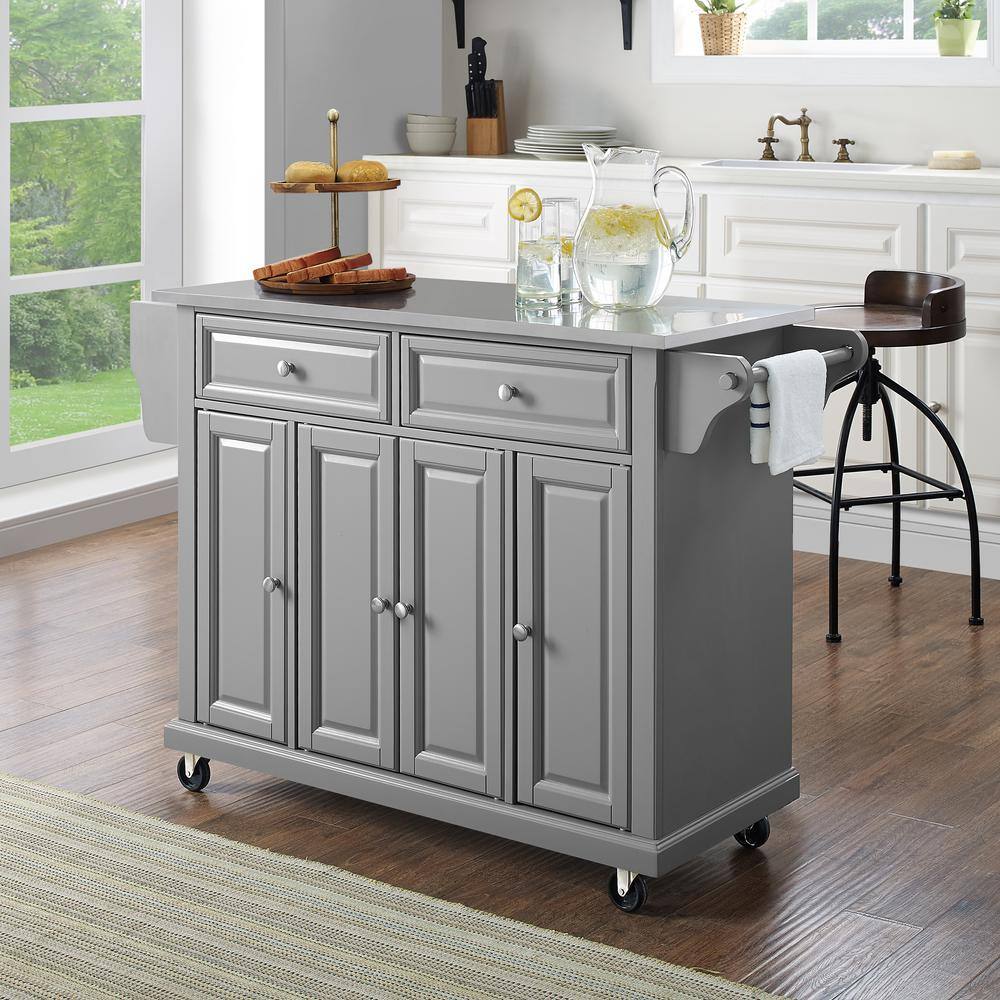Gray Stainless Steel Top Rectangular Kitchen Cart with Storage