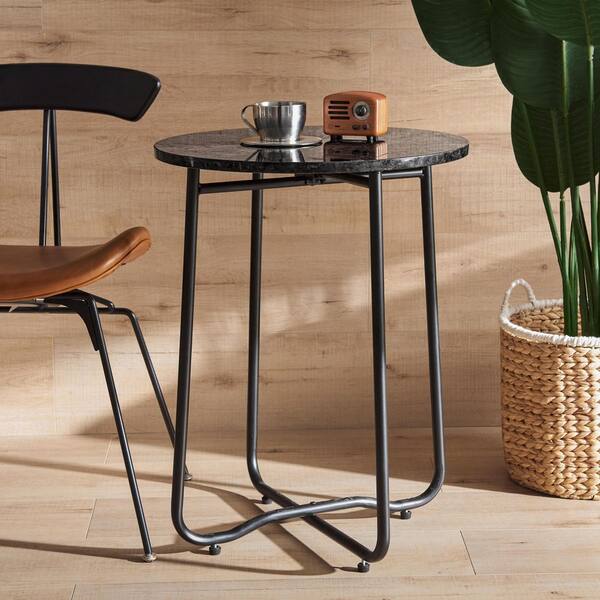 SUNRINX 20 in. Black Steel Frame and Star Cloud Pattern Marble Round Outdoor Side Table for Garden, Porch and Backyard