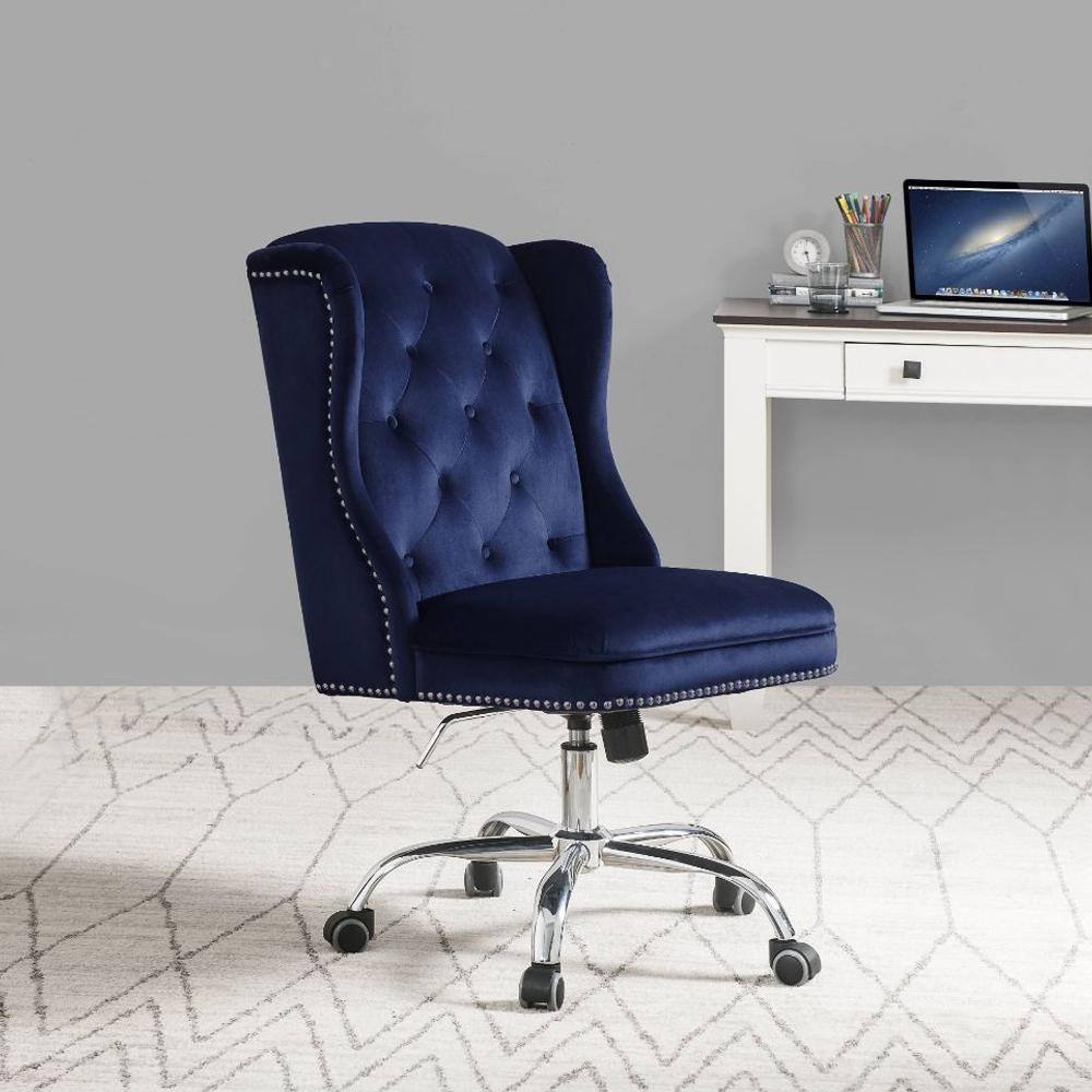 Midnight Blue Velvet Swivel Office Chair with Metal Base