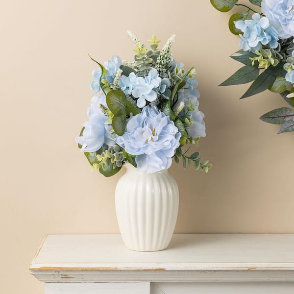 Glitzhome 18 in. H Blue Artificial Peony and Hydrangea with