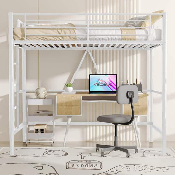 Twin Size Metal Loft Bed, White Heavy Duty Bed Frame with Removable Ladder, Safety Guardrail and Space-Saving Design Bed