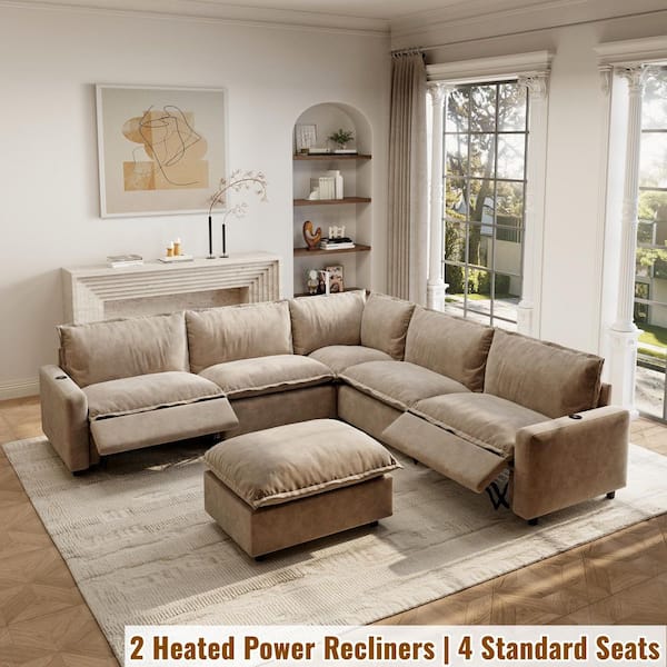Power Recliner Couch, 107 in. Square Arm 6-Piece Linen Modular Motion Sectional Sofa with Heating, USB Ports in. Khaki