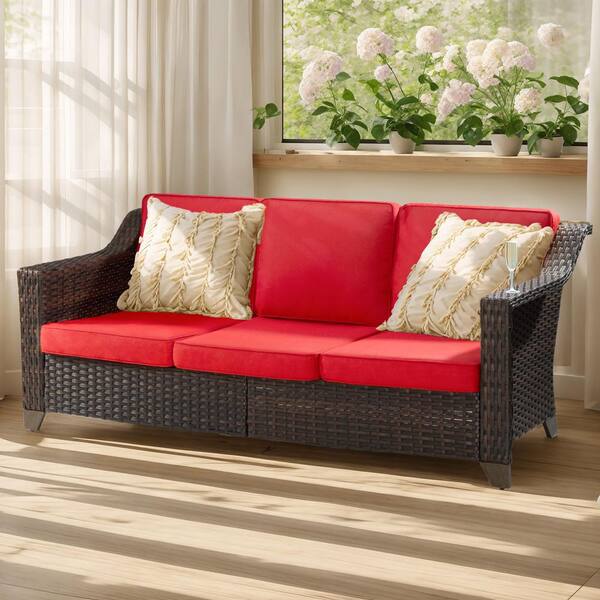 Wicker Outdoor Patio Sectional Sofa with Red Cushions