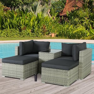 5-Piece Light Gray Rattan Wicker Patio Conversation Set with Dark Gray Cushions, Ottomans and Coffee Table