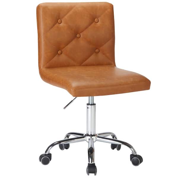 VECELO Armless Desk Chair Faux Leather Upholstered Ergonomic Task Chair in Brown with Wheels