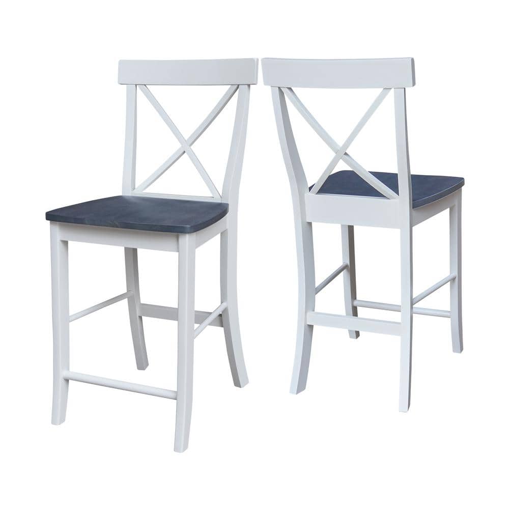 Elegant X-Back Solid Parawood Counter Stool, White and Heather Gray