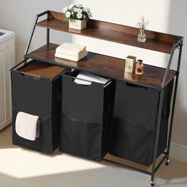 Laundry Sorter, Black Particleboard Kitchen Cart with Lockable Wheels, Pull-Out Bags, Hooks and 2-Tier Sorter Shelf