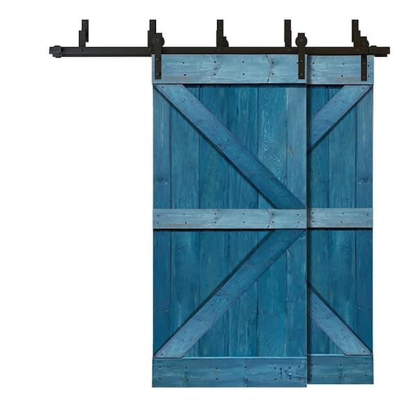 CALHOME 76 in. x 84 in. K Series Bypass Ocean Blue Stained Solid Pine Wood Interior Double Sliding Barn Door with Hardware Kit