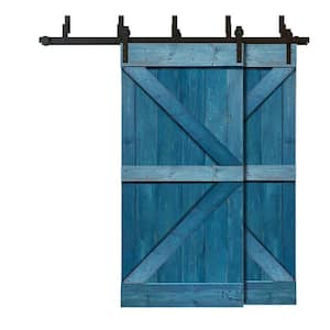 84 in. x 84 in. K Series Bypass Ocean Blue Stained Solid Pine Wood Interior Double Sliding Barn Door with Hardware Kit