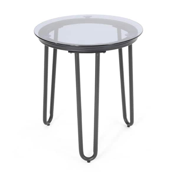 Angel Sar 18 in. H Black Round Metal Outdoor Side Table with Tempered Glass Table Top