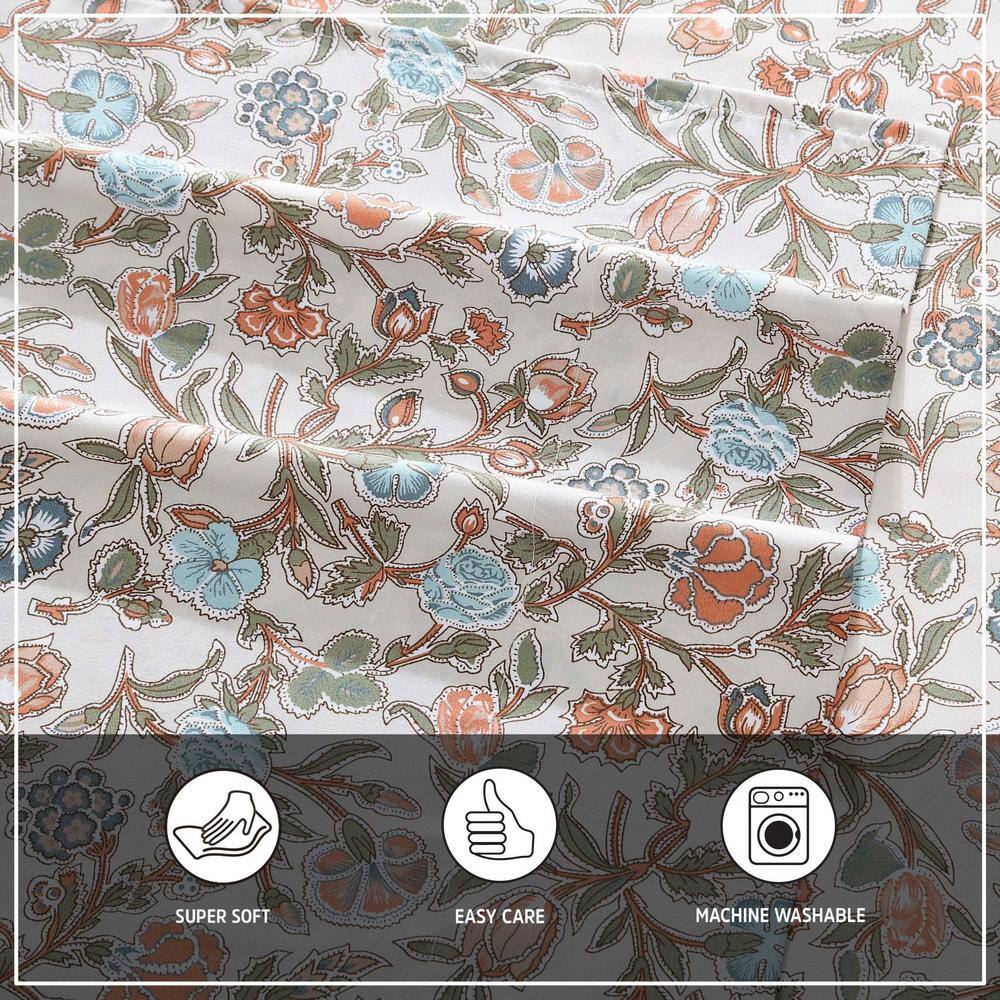 Twin Blue and Beige Floral Microfiber Bedding Set