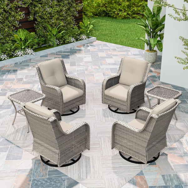 Gray 6-Piece Rattan Wicker Patio Conversation Set with Beige Cushions Garden Lawn