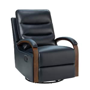Joseph Navy Genuine Leather Swivel Rocking Manual Recliner with Straight Tufted Back Cushion and Curved Mood Arms