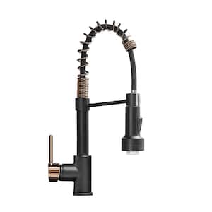 LED Single Handle Pull Down Sprayer Kitchen Faucet with Dual Function Spray head in Black Rose Gold