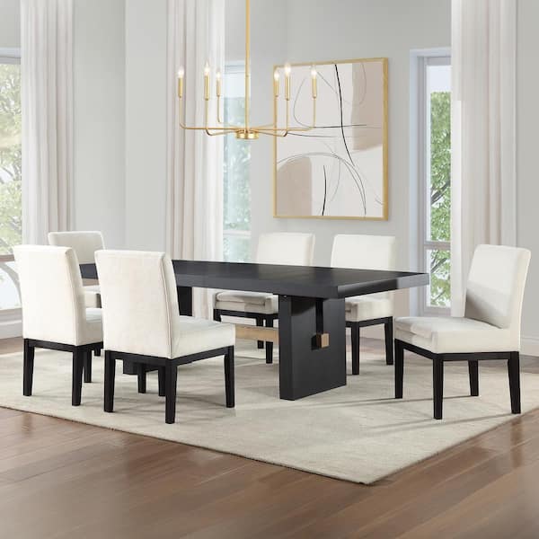 Steve Silver Aubrey 7-Piece Rectangle Black Wood Dinning Room Set with 6-Eggshell Upholstered Black Parsons Chairs