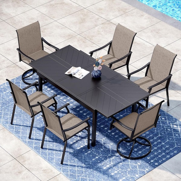 PHI VILLA Black 7-Piece Metal Outdoor Patio Dining Set with Slat Extendable Table and Textilene Swivel Chairs