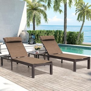 3-Piece Aluminum Adjustable Outdoor Chaise Lounge in Brown with Side Table