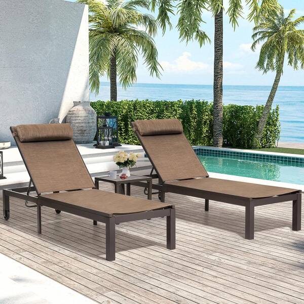 Crestlive Products 3-Piece Aluminum Adjustable Outdoor Chaise Lounge in Brown with Side Table