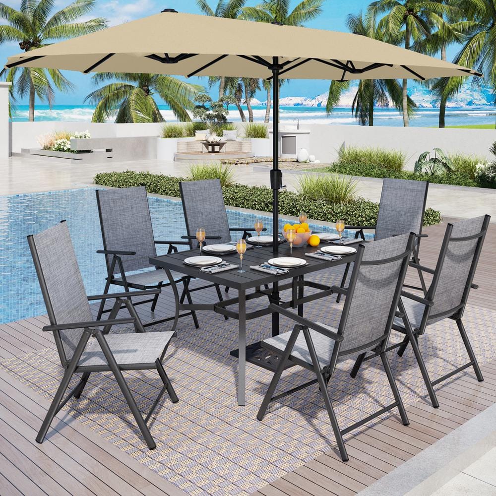 8-Piece Metal Patio Outdoor Dining Set with Umbrella and Gray Folding Reclining Sling Chair price history on PriceWatchPro