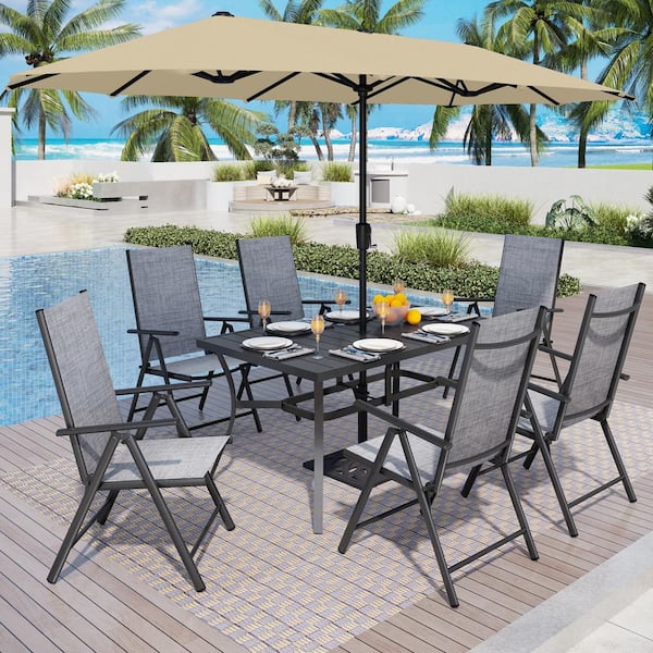 PHI VILLA 8-Piece Metal Patio Outdoor Dining Set with Umbrella and Gray Folding Reclining Sling Chair