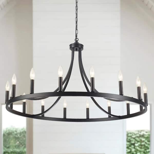 37.99 in. 16-Light Large Candle Black Wagon Wheel Chandelier Farmhouse Pendant Light for Dining Room