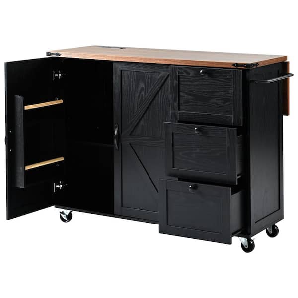 Unbranded Black 54.5 in. Outdoor Kitchen IslandKitchen Storage Islandwith Power Outlet, Drop Leaf, Rolling Grill Cart on Wheels