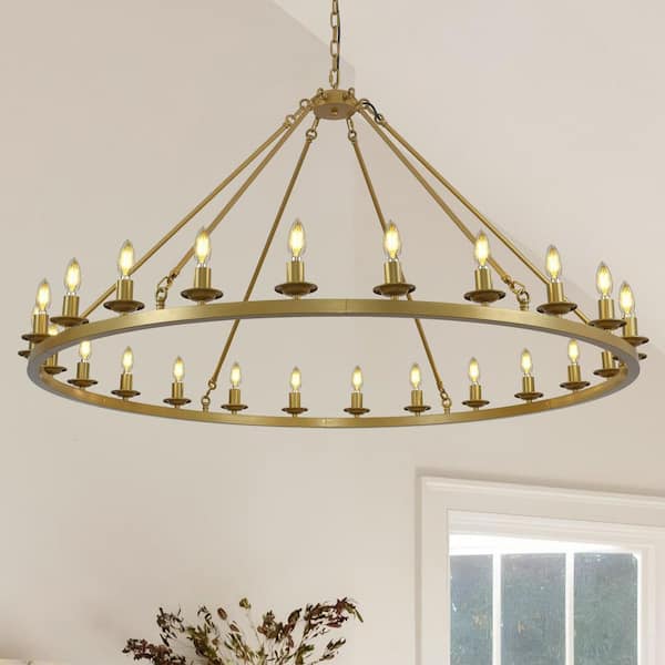 54 in. 24-Light Brass Wagon Wheel Kitchen Island Chandelier, Large Round Dining Room Chandelier for Bedroom, Living Room