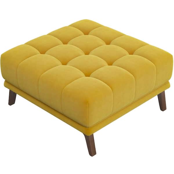 Ashcroft Furniture Co Allen Mid Century Modern Tufted Square Velvet Upholstered Ottoman in Gold